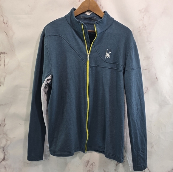 Spyder Jacket Mens Large Blue Gray Merino Wool Full Zip Mid Layer - Picture 1 of 11